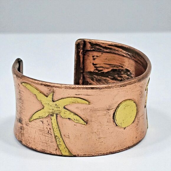Copper Brass Cuff Bracelet Vtg Tropical Island Palm Frond Tree Sun Antique Boho - Picture 1 of 7